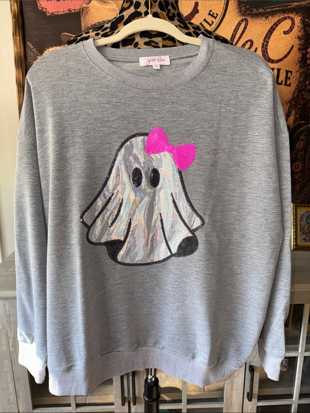 JESS LEA  Boo Girl Ghost Gray Sweatshirt w/Holographic Ghost Halloween Size XL